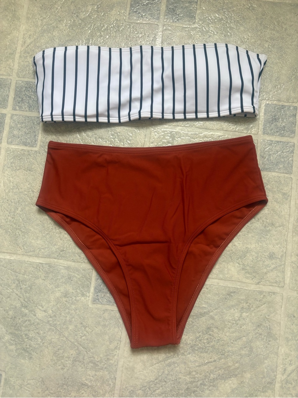 SHEIN White Navy Striped Bandeau Top & Rust High-Waist Bikini Bottoms